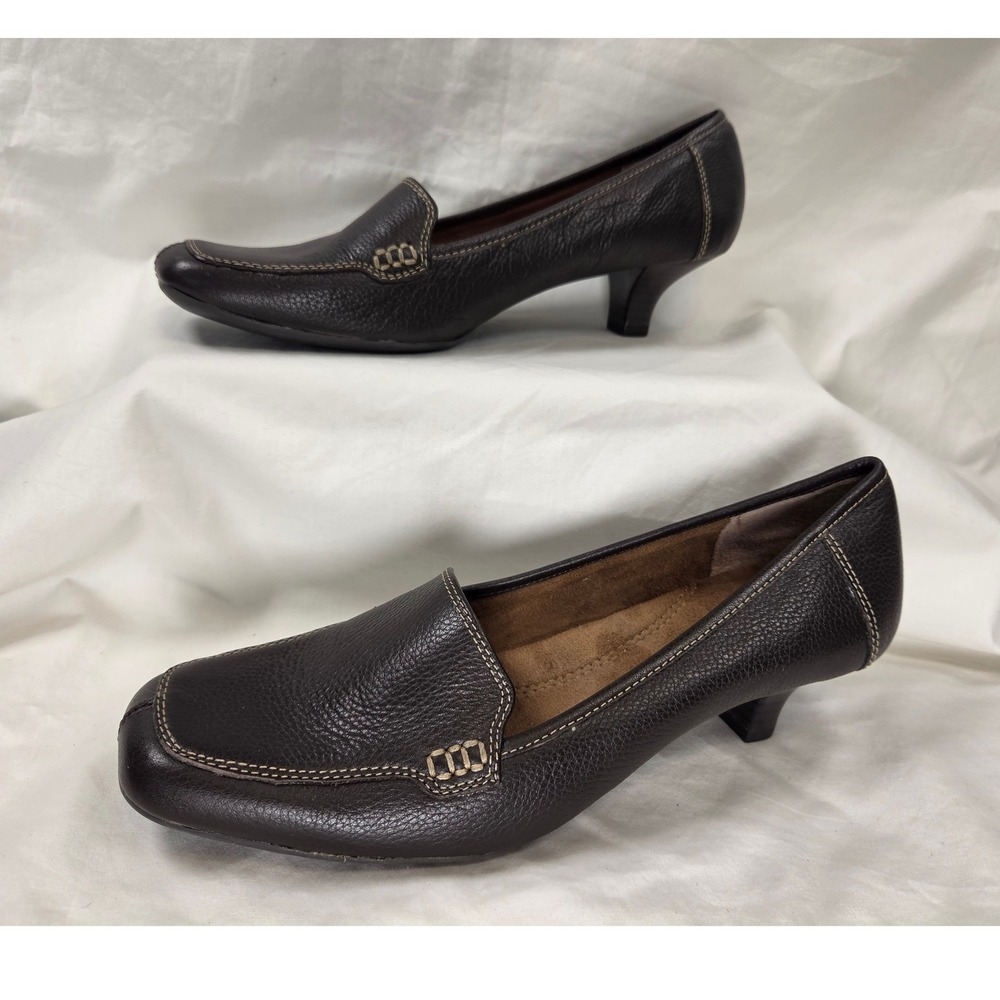 Aerosoles Women's Brown Leather Kitten Heel Loafer Square Toe Sz 9M Casual Chic